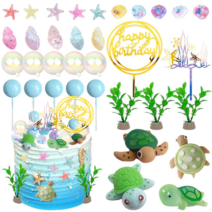 UFROMSKY 34pcs Turtle Cake Topper Under the Sea Cake Decoration with Ocean Turtle Starfish Conch and Seashells for Sea Theme Birthday Party Baby Shower Supplies
