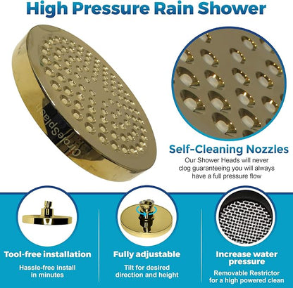High Pressure Shower Head - Anti-Clogging Silicone Nozzles 2.5 GPM Removable Restrictor - Easy to Clean and Install - Includes Plumbers Tape - 6 inch - (Gold Finish 2.5GPM)