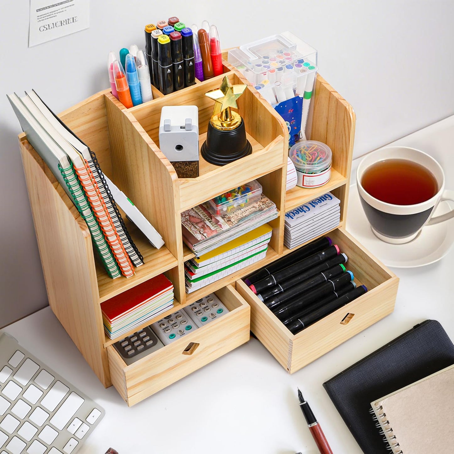 Acshio Wooden Desk Organizer with Drawers, Large Countertop Office Supplies Accessories Organization with 10 Compartments, Multifunctional Storage Box Makeup Storage Shelf Rack for Home, Office