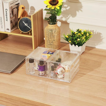 Cq acrylic Clear Stacking Make Up Organizers and Storage With 2 Drawers,4.7" Tall Acrylic Medicine Cabinet Organizer,Plastic Desktop Drawers Organizer for Vanity, Undersink, Kitchen Cabinets,Bathroom