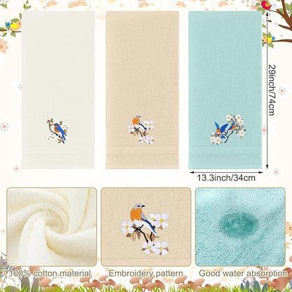 Bird Floral Hand Towels Farmhouse White Light Brown Turquoise Bird Bathroom