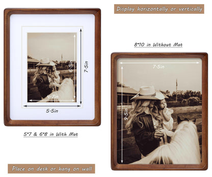 Gdfmsc 8x10 Picture Frame with Mat for 5x7/6x8, USA-Sourced Natural Walnut Wood Handcrafted Rounded Corner with Real Glass, Vertical or Horizontal Display Photo Gallery Wall & Tabletop Frame