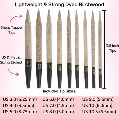 Lykke Driftwood 3.5 in. Standard Set US 3, 4, 5, 6, 7, 8, 9, 10, 10.5 Interchangeable Circular Knitting Needles for Baby, DK, Worsted, Chunky Yarn, Birchwood, 4 Swivel Cords, Grey DM Case, Project Bag