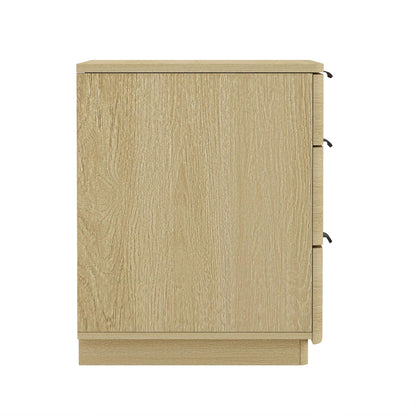 Manhattan Comfort Payton Modern 3-Drawer Nightstand with Raised Base and Rounded Corners, Boho End Table, Scandinavian Nightstand for Bedroom, or Living Room in Natural Oak Finish with Black Handles