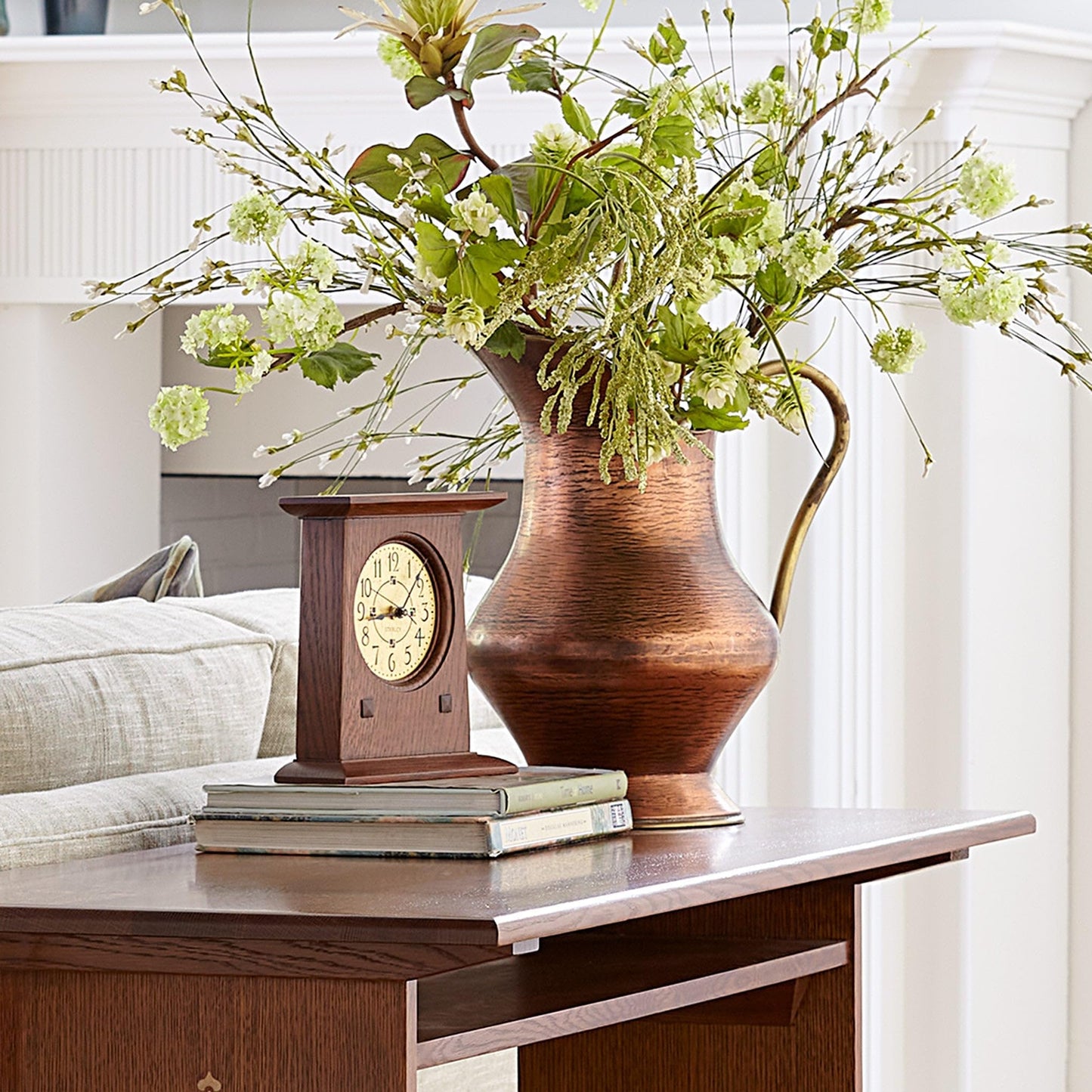 Stickley Prairie Mantel Clock, Solid Oak, Brass Clock Face, Mission Prairie Style, AA Battery Included, Gift Box, 8.25in HW x 2.75in D x 8.5in H