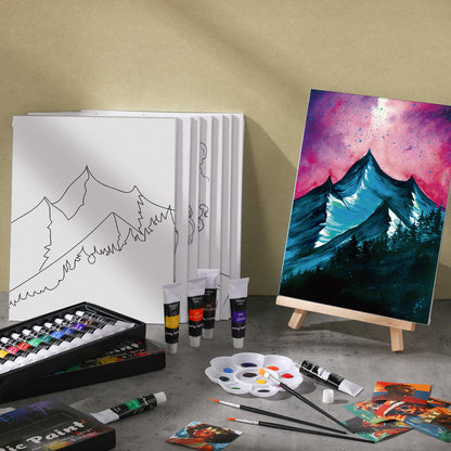Cholemy 36 Pcs Paint and Sip Kit for Adults 8''x10'' Pre Drawn Canvas for Painting DIY Afro Acrylic Painting Kit Wood Easel Brushes Date Night Bulk for Father's Day Party Gifts(Mountain)