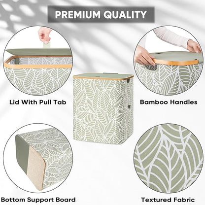 BALEINE Laundry Hamper with Lid, Tall Laundry Baskets with Bamboo Pull Handles