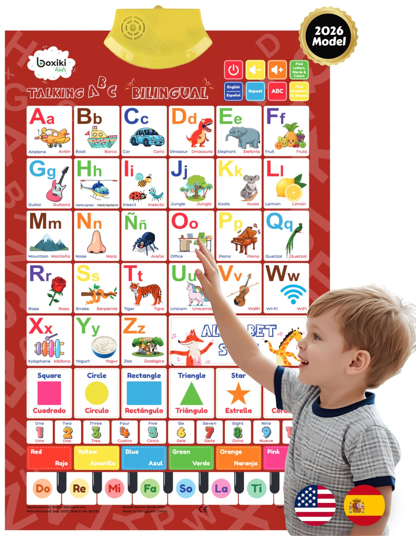 Bilingual English & Spanish Interactive Alphabet Wall Chart (2026 Model) – Talking ABC Letters, Numbers 123 & Music Learning Poster – Educational Toy for Toddlers & Kids Ages 3+