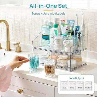 Vtopmart 7 PCS Bathroom Countertop Organizer, 1 Divided Tray with 4 Qtip Holder Jars and 2 Drawers, Restroom Clear Organizers for Toothbrush, Cotton Pads, Vanity Accessories Storage Set