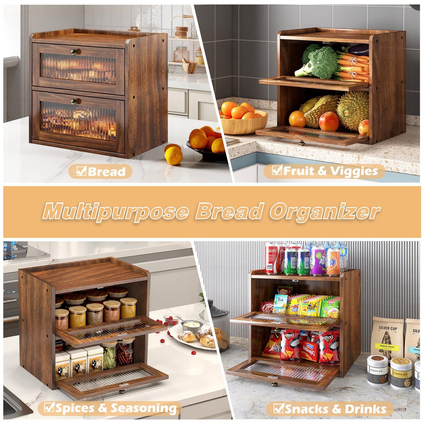 Alpeir Double Layer Large Bread Box for Kitchen Countertop, Retro Brown