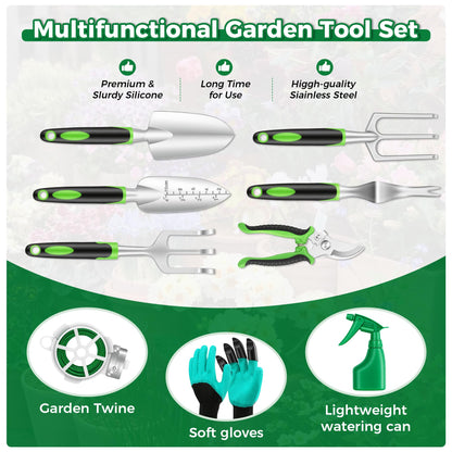 Gardening Tools 10-Piece, Heavy Duty Garden Tool Set with Fashion and Durable Garden Tools Organizer Handbag, Rust-Proof Gardening Hand Tools Weeding Kit, Ideal Gardening Gifts for Women
