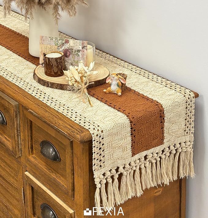 FEXIA Boho Table Runner 60 Inches Long Macrame Summer Decor Coffee Table Cover Farmhouse Stylewith Tassels for Party Bohemian Rustic Wedding Bridal Shower Dining Room Middle Brown (12x60 Inches)