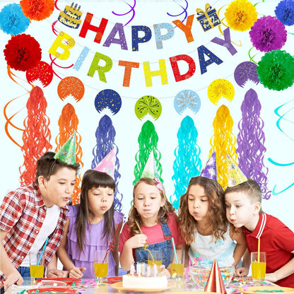 Rainbow Birthday Decorations Kit, 22Pcs Pre-Strung Happy Birthday Banner, Hanging Swirls & Paper Flowers for 21st 30th 40th 50th 60th Milestone Birthday Party Supplies