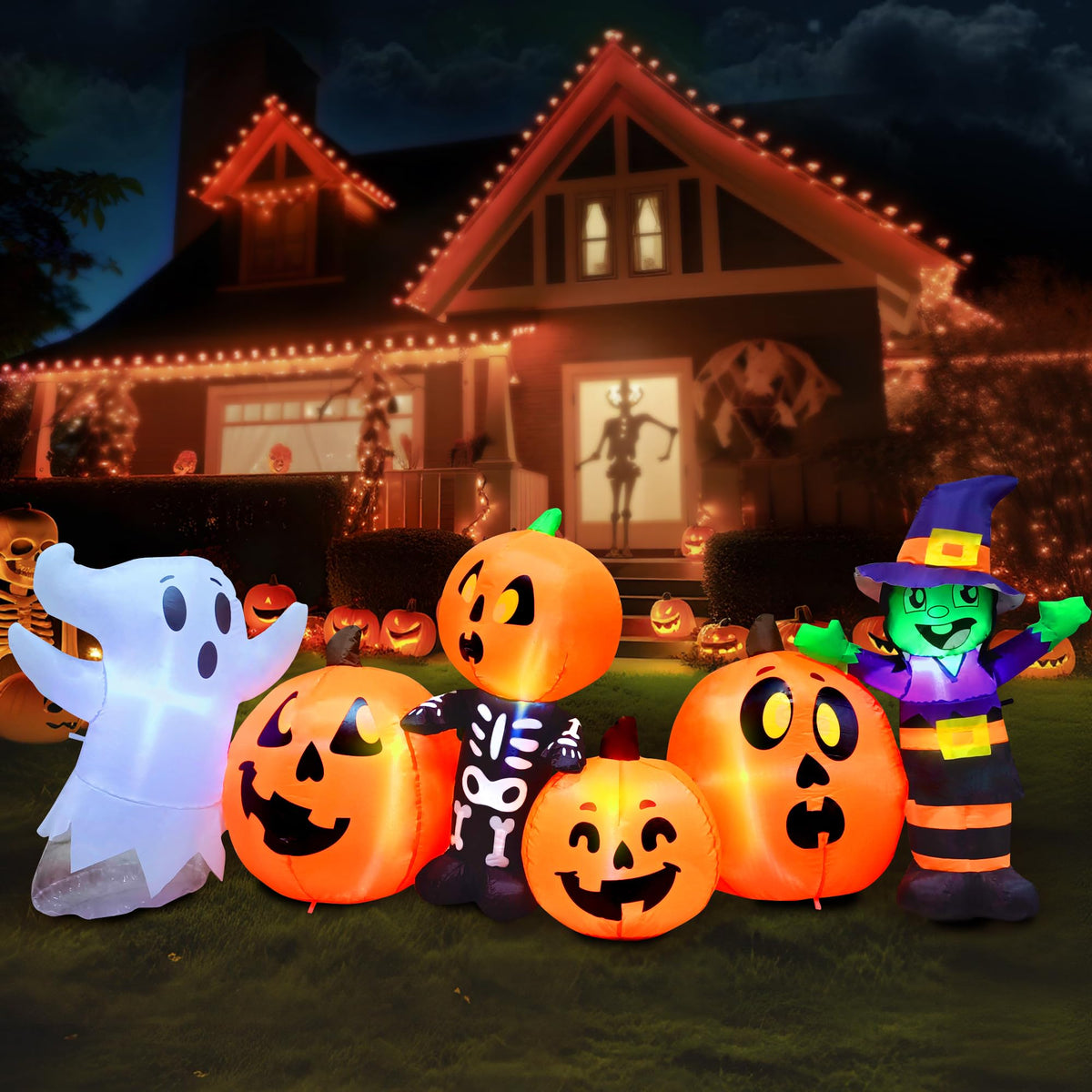 Joiedomi 8 ft Long Halloween Inflatable Three Characters and Pumpkin Patch Outdoor Decoration, Blow Up Inflatables Witch Ghost Skeleton Yard Decorations with LEDs for Party Yard Lawn Garden Decor
