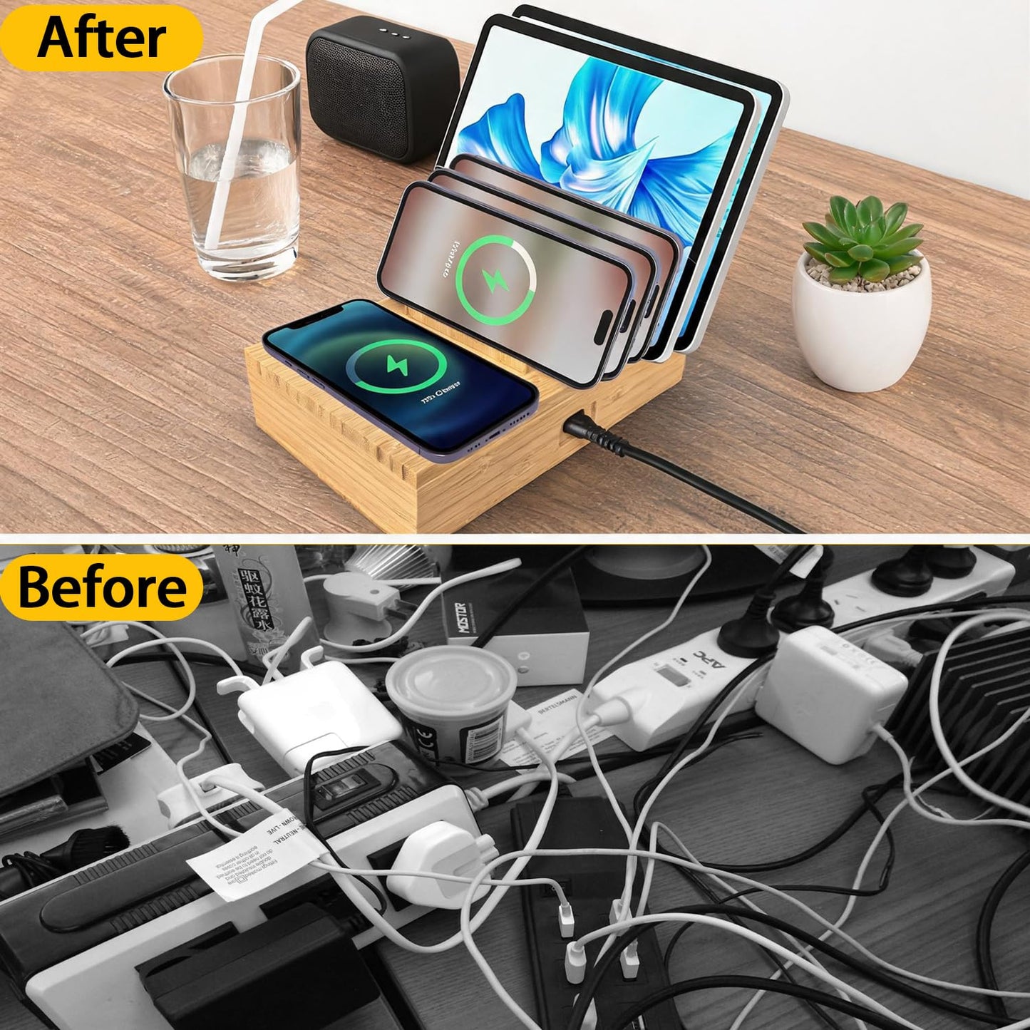 Xunhonom 6 Port USB Charging Station for Multiple Devices PD 100W Bamboo Charging Station Organzier with Detachable 15W 3 in 1 Wireless Charger Station for iPhone Android Apple Watch AirPod Tablet