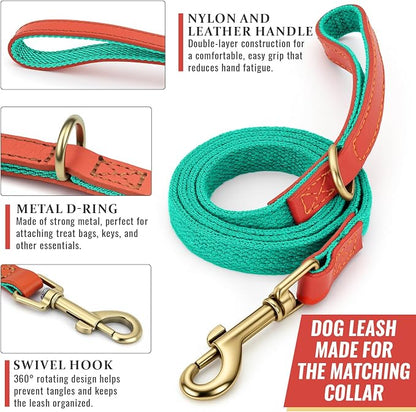 Dog Collar and Leash Set with Metal Quick Release Buckle, Adjustable, Breathable Nylon, Durable, Soft and Comfortable, No Pull for Walking and Training, Cyan, M (12.5"-19.6")