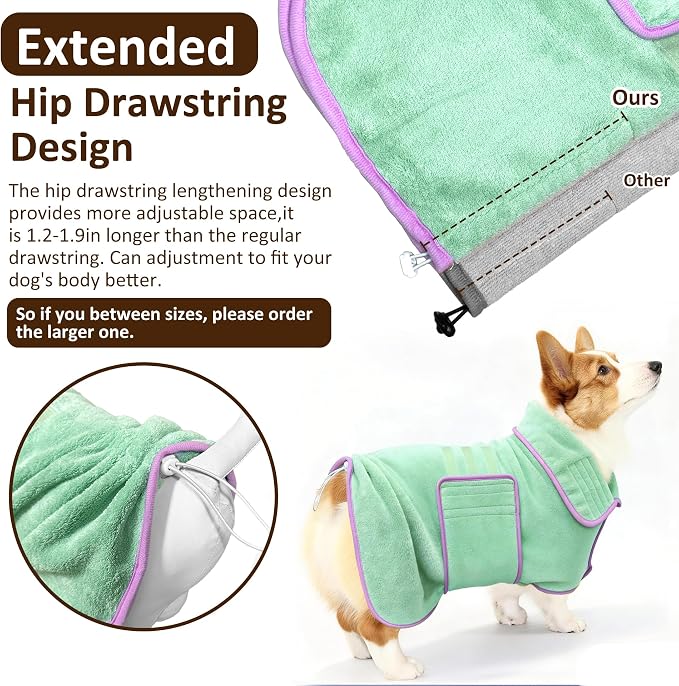 Soft Dog Bathrobe Fast Drying Dog Coat, Super Absorbent Dog Towels for After Bath, Microfiber Pet Robe Adjustable Collar & Belly Warm Keeping Dogs Coat for Pet Dogs & Cats (Green, XX-Large)