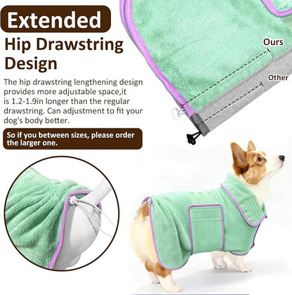 Soft Dog Bathrobe Fast Drying Dog Coat, Super Absorbent Dog Towels for After Bath, Microfiber Pet Robe Adjustable Collar & Belly Warm Keeping Dogs Coat for Pet Dogs & Cats (Green, Large)