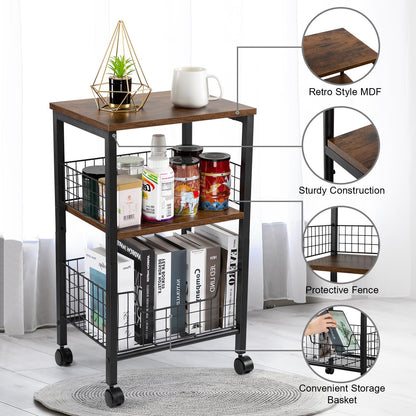 Hadulcet Small End Table, 3-Tier Side Table with Storage Basket, Industrial Style Side End Table for Living Room Bedroom Kitchen Bathroom, Rustic Brown