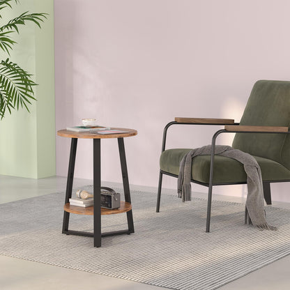 sthmec Small Round End Table Set of 2,2 Tier Side Table Set 2 with Storage Shlef,Coffee Table Wooden Tabletop & Metal Frame,Accent Table Small Nightstands Couch Tables Livingroom Bedroom,Rustic Brown