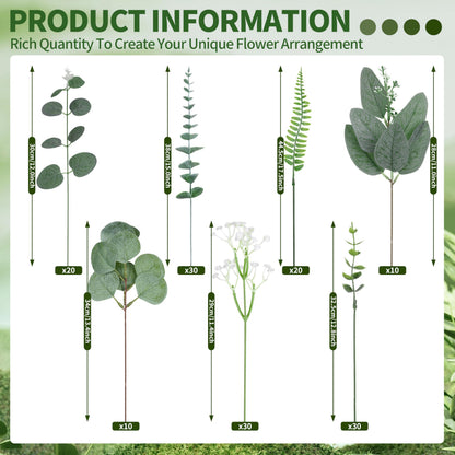 Hoplito 150 Pcs 7 Kinds Mixed Artificial Eucalyptus Leaves Stems Bulk, Fake Greenery Plants Faux Silver Dollar Eucalyptus Leaves for Wedding Vase Bouquet Floral Arrangement Centerpiece Home Decor