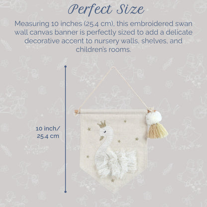 MON AMI Embroidered Swan Hanging Wall Canvas Banner | 10-Inch Plush Wall Décor for Nursery & Kids’ Room | Elegant Swan Design with Tassels | Whimsical Gift for Baby Showers & Birthdays
