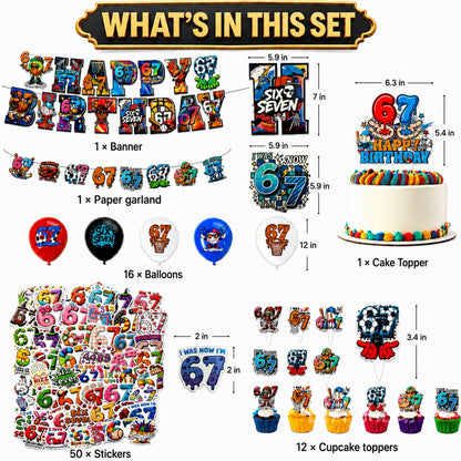 lvyujia 6 7 Birthday Decorations Kit, I Was 6 Now I'm 7 Birthday Decorations, Funny Meme Party Supplies with 50PCS Stickers, Banner, Balloons, Cake & Cupcake Toppers for Indoor Outdoor Party Décor