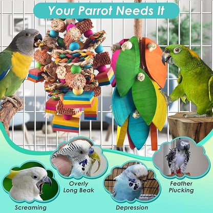 DBNESS 2 Pcs Large Bird Toys, Natural Corn Cob Parrot Chew Toy, Multicolored Leaf-Shaped Chewing Wood Blocks for Large and Medium-Sized Macaws, Cockatoos, Amazon Parrots, African Grey