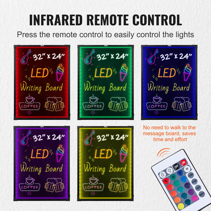 VEVOR 32"x24" LED Message Writing Board, Menu Sign Boards, Illuminated Erasable Lighted Chalkboard, Neon Effect Drawing Panel with 8 Fluorescent Chalk Markers and Remote Control