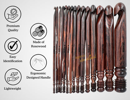 Wooden Crochet Hooks Set of 15-3.5mm to 25mm - Rosewood Crochet Hooks for Arthritic Hands- Crochet Hooks Ergonomic Soft Grip Handle - for Crocheting & Knitting - Christmas Gifts for Her(Set of 15)