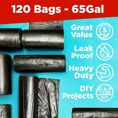 ToughBag 65 Gallon Trash Bags – 50x48" Large Black Garbage Can Liners – Made in