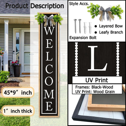 Aurapeak Welcome Sign for Front Porch Door Standing, Outdoor Large Wooden Home Rustic Farmhouse Yard Vertical Hanging Modern Entryway Plaques Outside Decorations (45"X9" Wood Black)