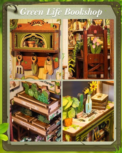 Cutefun Book Nook Kit - DIY Miniature Dollhouse Booknook Kit for Adults and Teens, 3D Wooden Puzzle Bookshelf Insert Decor with LED Light, Gifts for Book Lovers and Beginners (Green Life Bookshop)