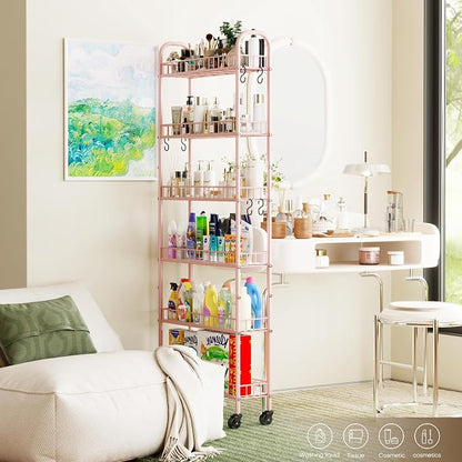 6-Tier Slim Storage Cart, Rolling Kitchen Cart with Wheels, Narrow Metal Shelf Organizer with Hooks for Kitchen, Bathroom, Living Room, Laundry, Small Spaces (Pink, 6 in)