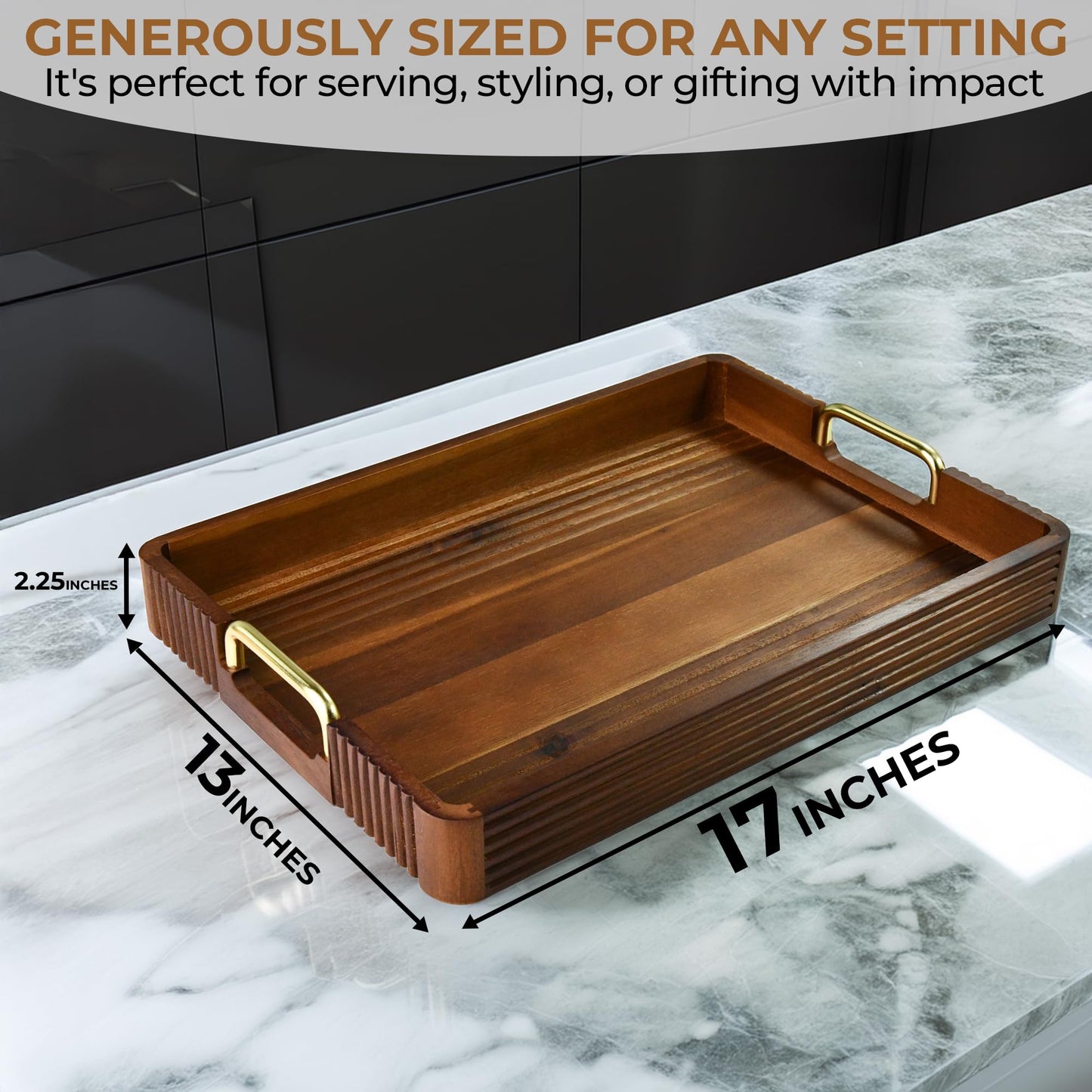 Acacia Wood Serving Tray with Metal Handles, 17x13in, Decorative Coffee Table Tray & Ottoman Tray, Anti-Slip Pads, Dark Wood Tray for Breakfast in Bed, Bar Tray, Gift Box