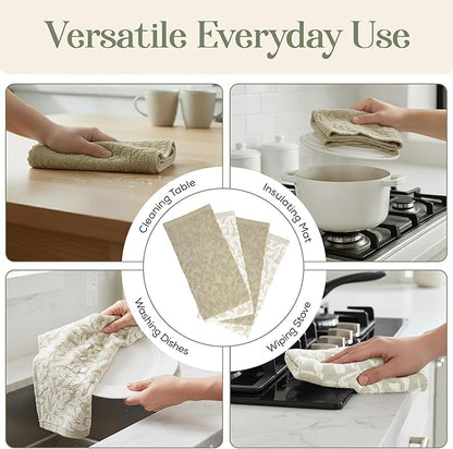 MosJos 4 Pack Hand Towels, Cotton Sage Green and White Floral Kitchen Towel