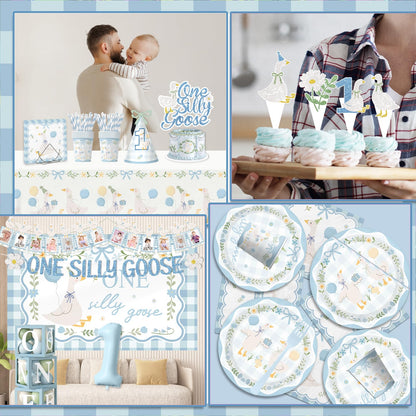 One Silly Goose Birthday Decor Boy, 270Pcs Blue Silly Goose First Birthday Decorations Kit include One Silly Goose Banner,Backdrop,Balloon Arch,Boxes,High Chair Banner,Bow Cupcake Toppers,Tableware