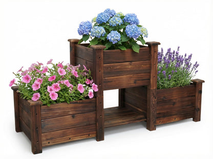 Borsynium Wooden Raised Planter Box Set, 3-Tier, Carbonized Brown, Outdoor Garden Bed, Rustic Style