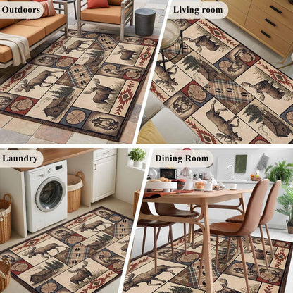 Country Style Washable Rug 4x6 Farm Buck Wooden House Aztec Plaid Patchwork Area Rugs for Living Room Non Slip Non Shedding Floor Carpet Low-Pile Rug for Kitchen Bedroom Entryway Office