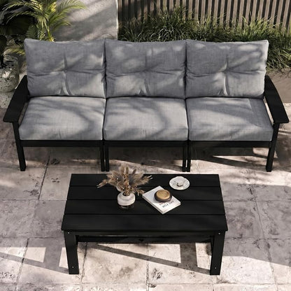 37.6 Inch HDPE Patio Coffee Table, Weather-Resistant Outdoor Coffee Table Easy Assembly for Lawn, Garden, Balcony, Deck (Black Frame)