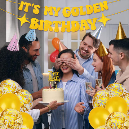 Golden Birthday Party Decorations PremiumIt’s My Golden Birthday Sash & Banner, Gold Cake Topper, Fringe Curtains, Balloons for Adult Women Men Party Supplies