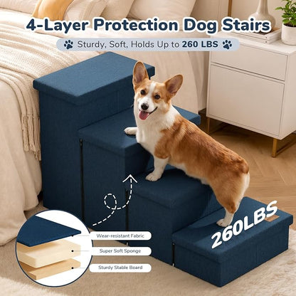 4-Step Wide Dog Stairs with Storage 23" H, Non-Slip Sturdy Pet Steps for High Bed Couch Window, Pet Stairs for Small/Medium/Large Old Dogs Cats Up to 220lbs, Cat Dog Steps for Car/SUV, Navy