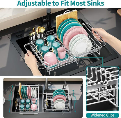 Urackify Expandable Stainless Steel in Sink Dish Drying Rack, Dish Rack Over Sink, Rustproof Dish Drainer for Kitchen Counter, Dish Strainer with Utensil Holder, Fit Sink for 13"-18", Silver