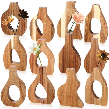 Blulu Set of 12 Small Wooden Vases Bulk for Centerpiece Mini Acacia Wood Vase for Faux Flowers Housewarming Gift Boho Minimalist Home Decor for Kitchen Table Living Room(Natural)
