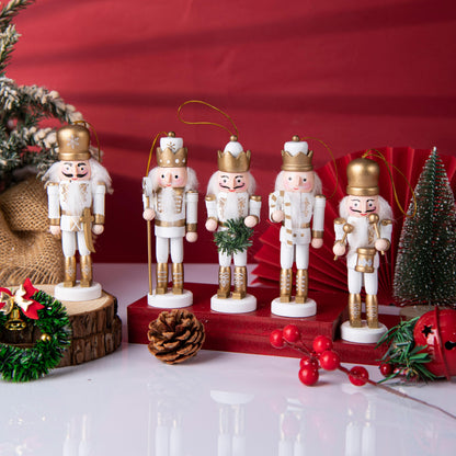 10 Pcs Mini Christmas Nutcracker Ornaments Set Classic Small Wooden Bulk Nut Cracker Figure Decor Wood Miniature Toy Soldier Christmas Tree Topper Decorations, White Silver Glitter Gold, 5 Inch