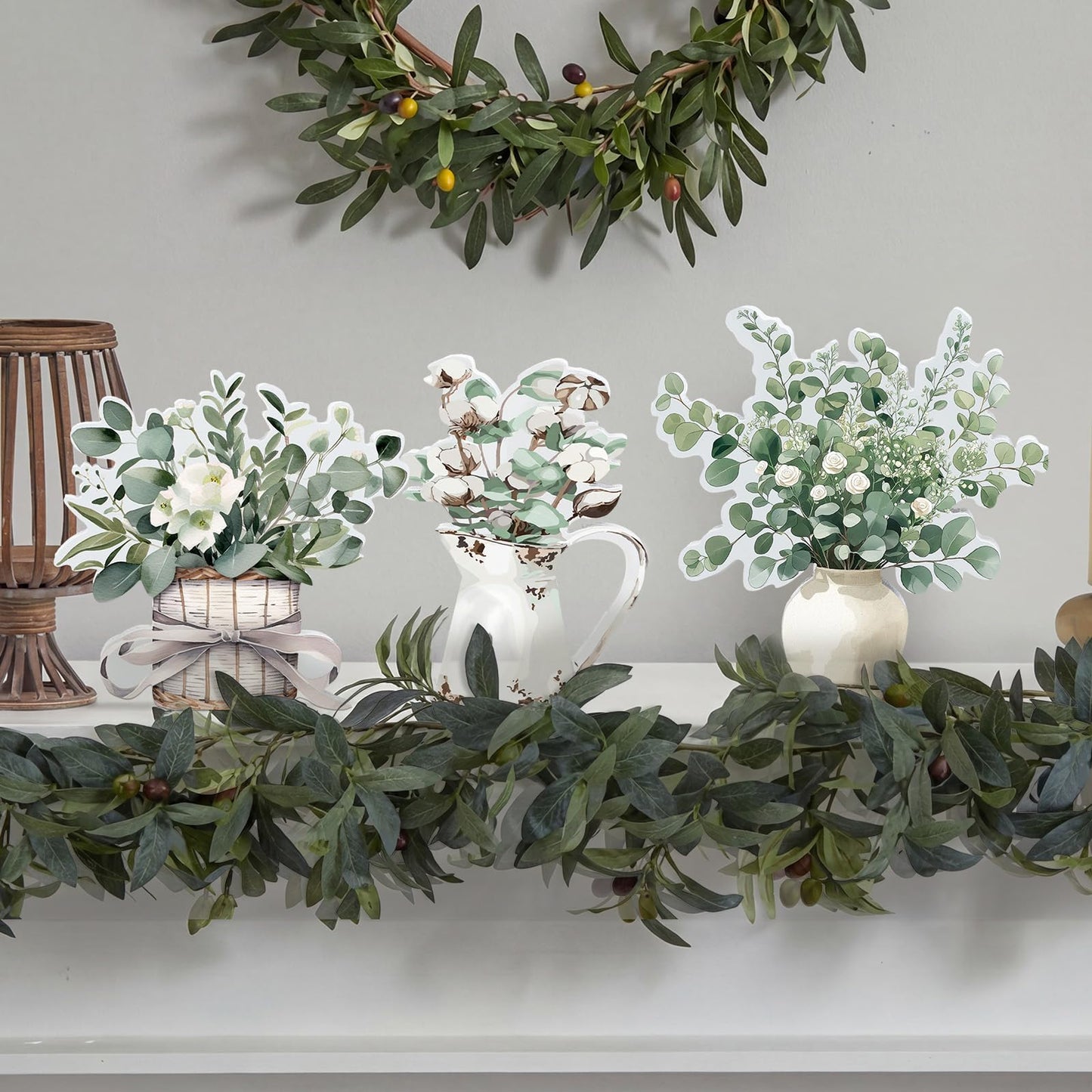 BrightRow 3 Pcs Eucalyptus Table Decor Retro Sage Green Centerpiece for Tiered Tray Floral Block Tabletop Signs for Home Plaque Housewarming Gift