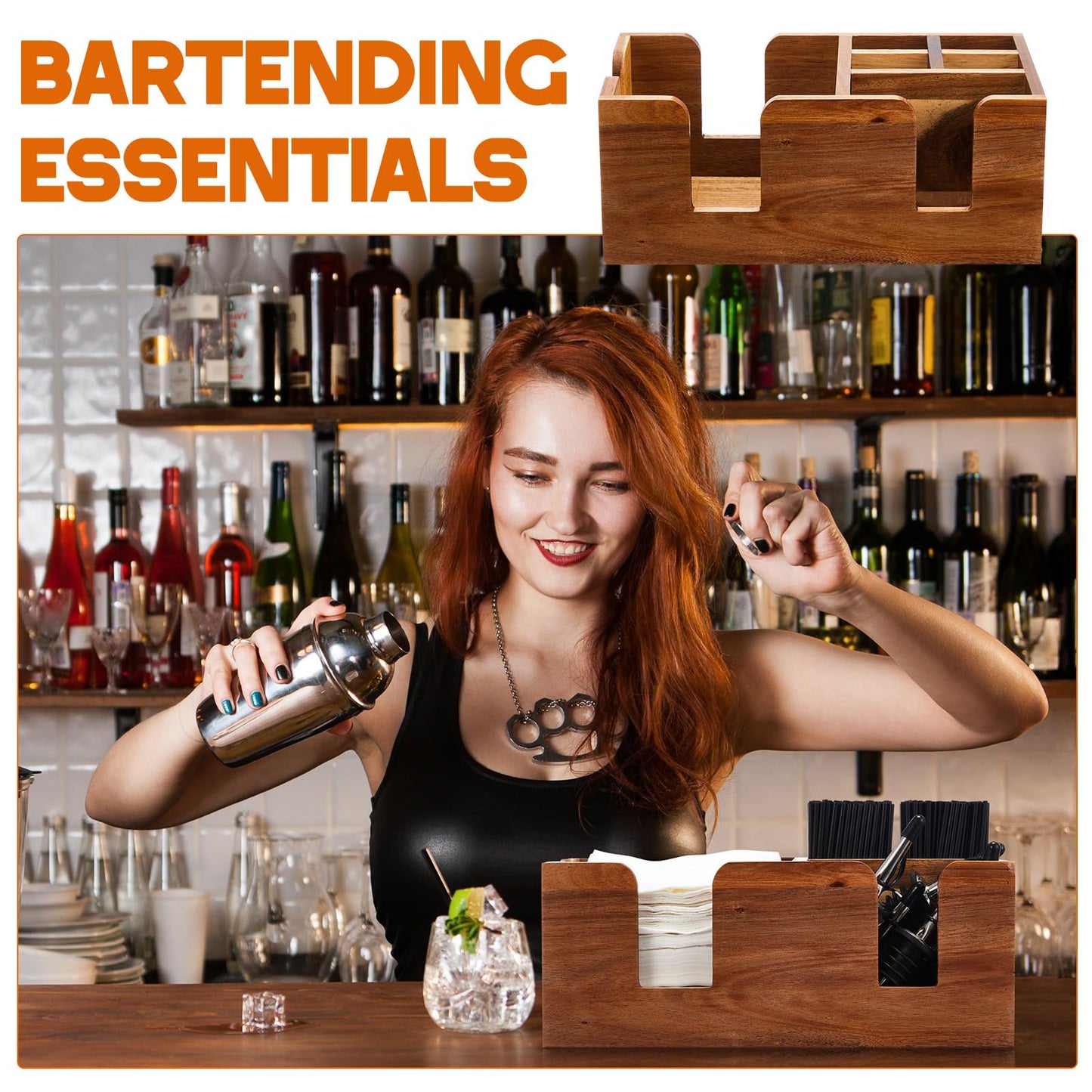 Mifoci Wooden Bar Caddy with 6 Compartments, Acacia Wood Bar Caddy Napkin & Straw Holder Organizer Cocktail Napkin Holder Condiments for Home Office Kitchen Countertop (Brown)