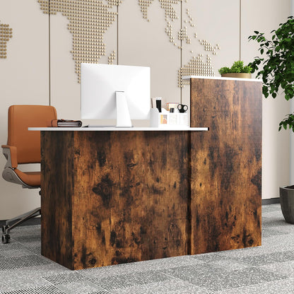 Giantex Reception Desk, Front Counter Desk with Lockable Drawer, Oval Tabletop & Adjustable Shelf, Retail Register Stand, Checkout Table for Office Beauty Salon Reception Room (White & Rustic Brown)