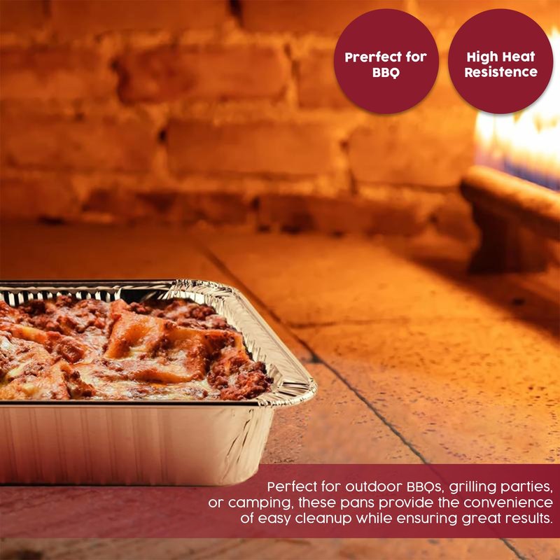 BAKE IT KITCHEN 25 Pack Half Size Disposable Aluminum Pans - Durable BBQ Pan, 9x13 Half Size Deep Pan, Cookware, Camping, Food Leftovers, Desserts, Heavy Duty, Oven