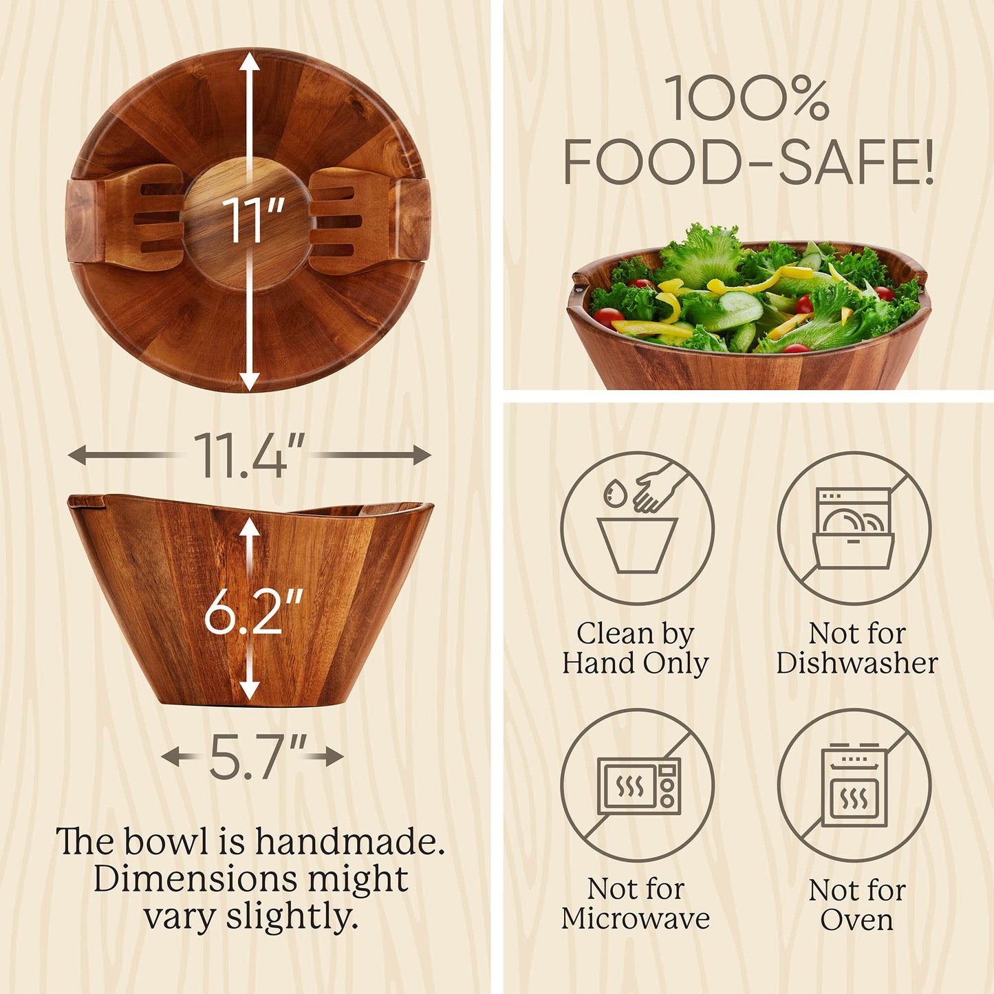 Night Tree Large wooden salad bowl with serving forks mixing, wood salad bowl set for food or fruits, magnetic utensils fit for 6–8 servings, ideal to family meals or as a unique gift